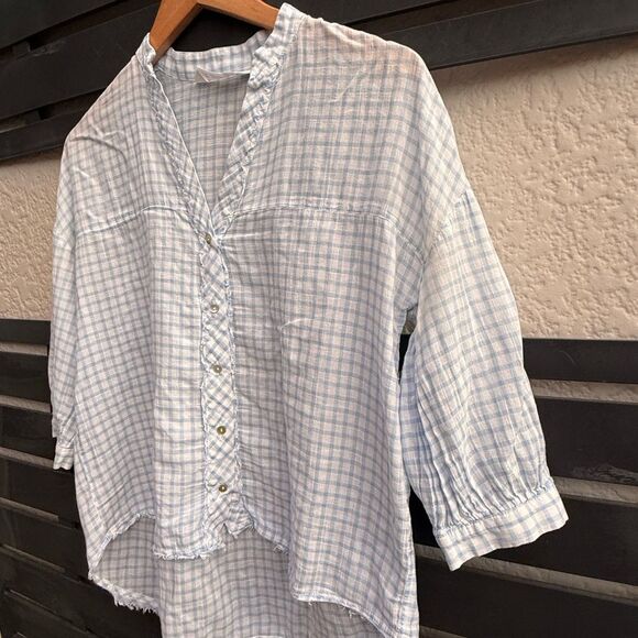 Zara Basic Lightweight Gingham Check Button Front Blouse in Light Blue/White |XS - Picture 3 of 7